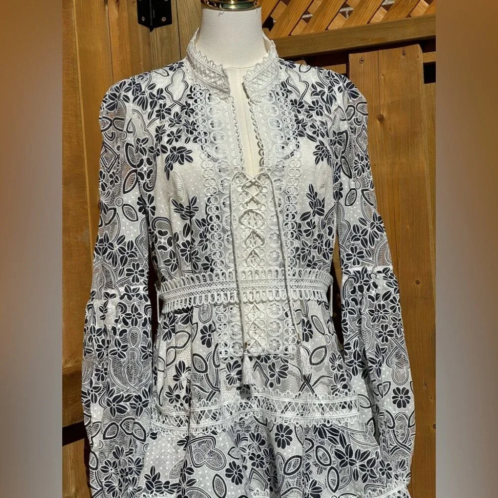 🆕 BRONX & BANCO 🧿 NWOT Santorini Long-Sleeve Tiered Floral Burnout Dress, Sz M